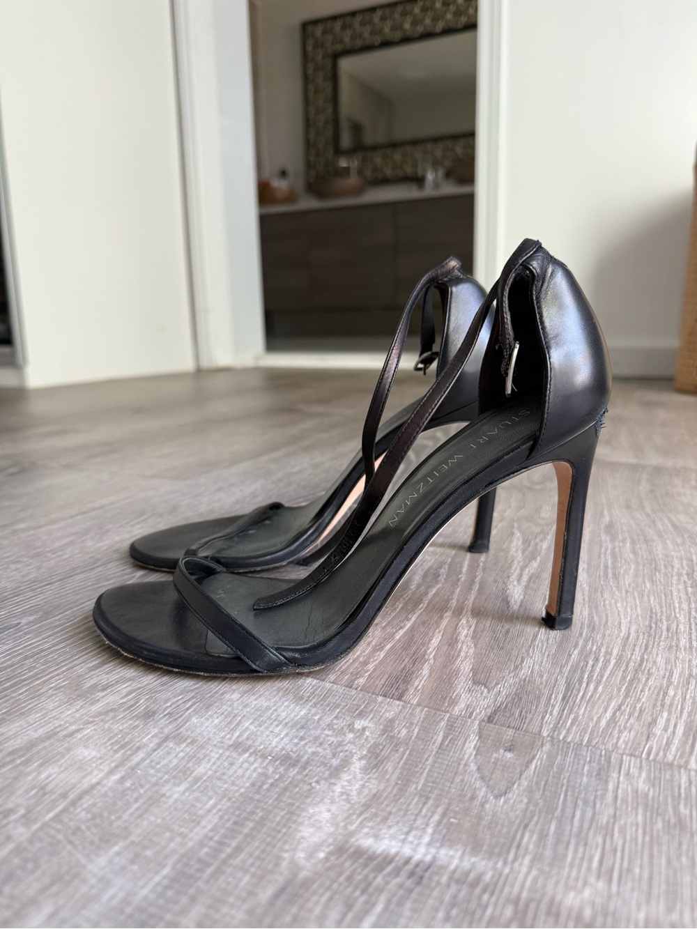 Stuart Weitzman Black Leather Ankle-Strap Stiletto Sandals